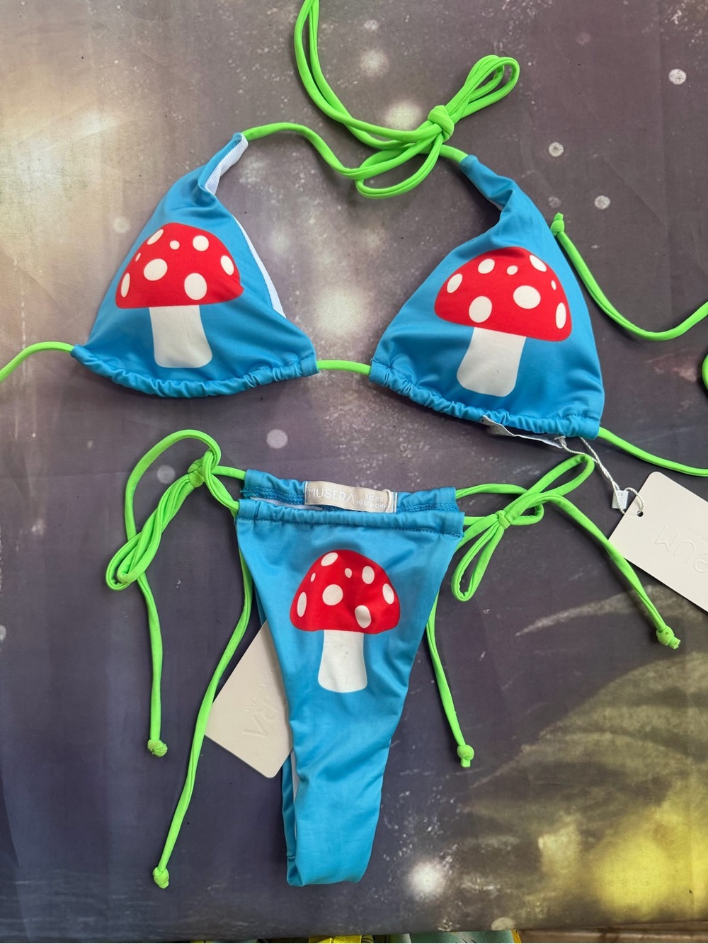 Bright Blue Mushroom Print Triangle Bikini with Neon Green Ties